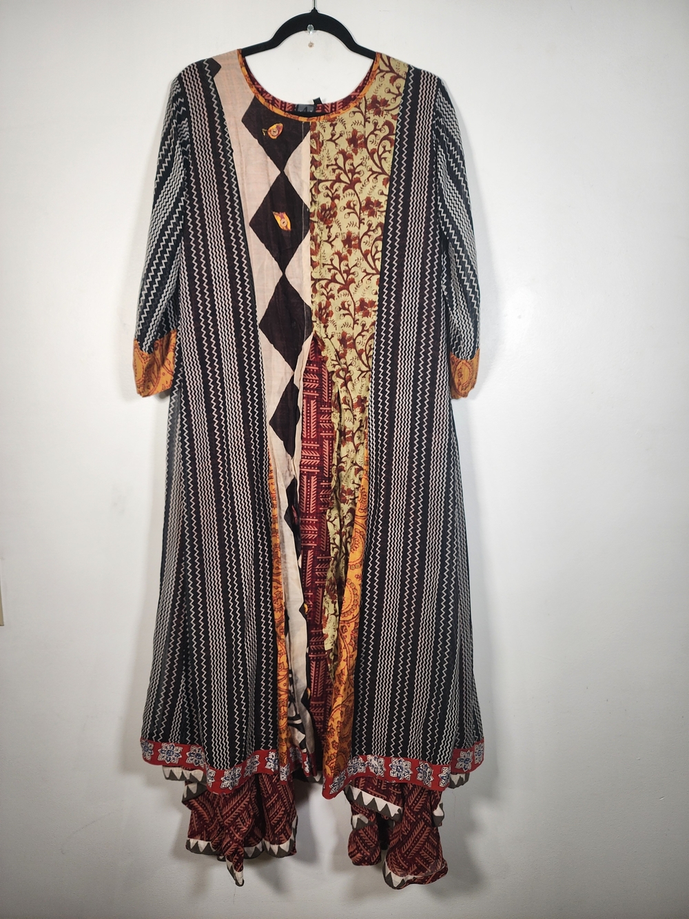 Boho Patchwork Maxi Dress Embroidered Paisley Geometric Earth Tone Hippie - Picture 4 of 7